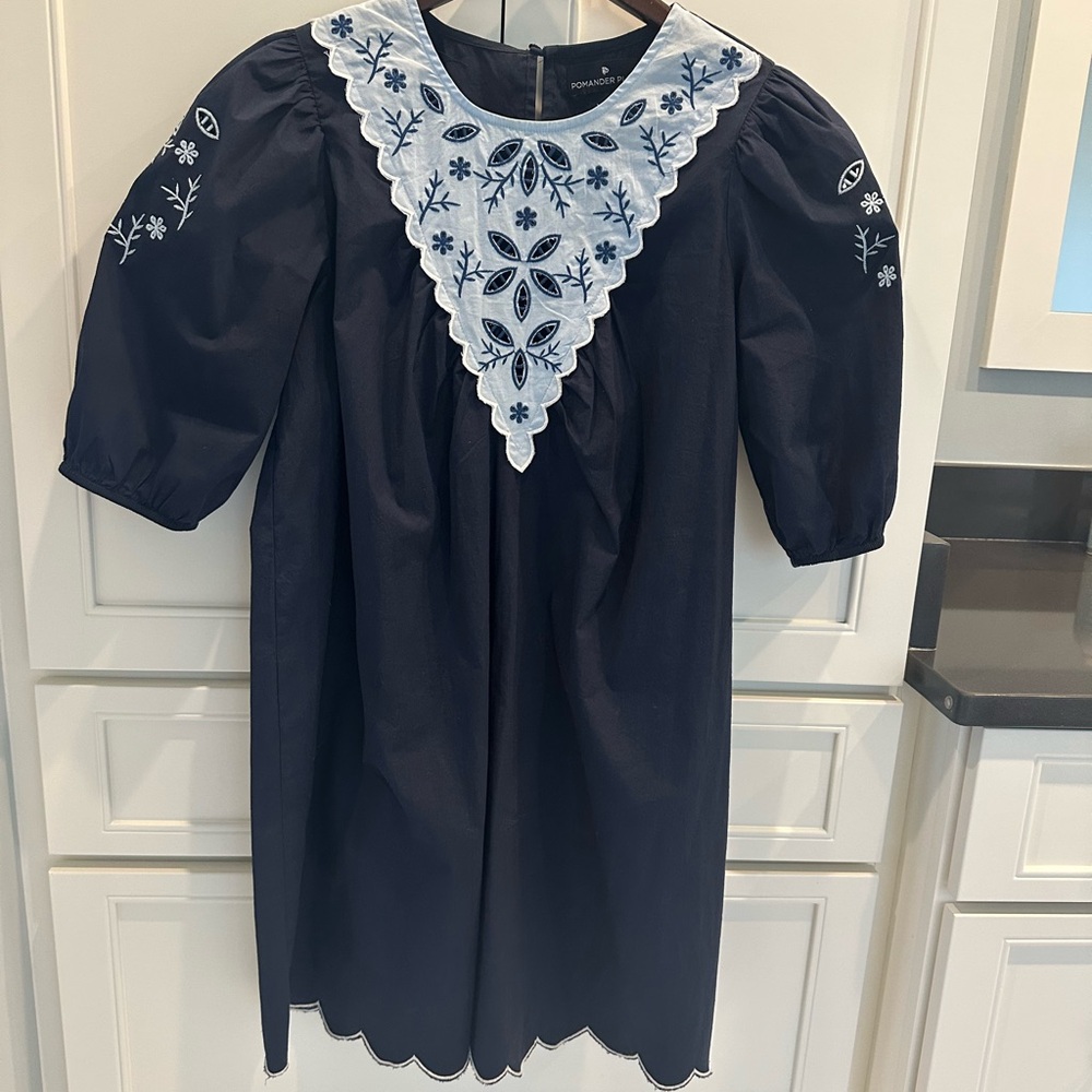 Tuckernuck Pomander Place Navy and Baby Blue  Embroidered Dress